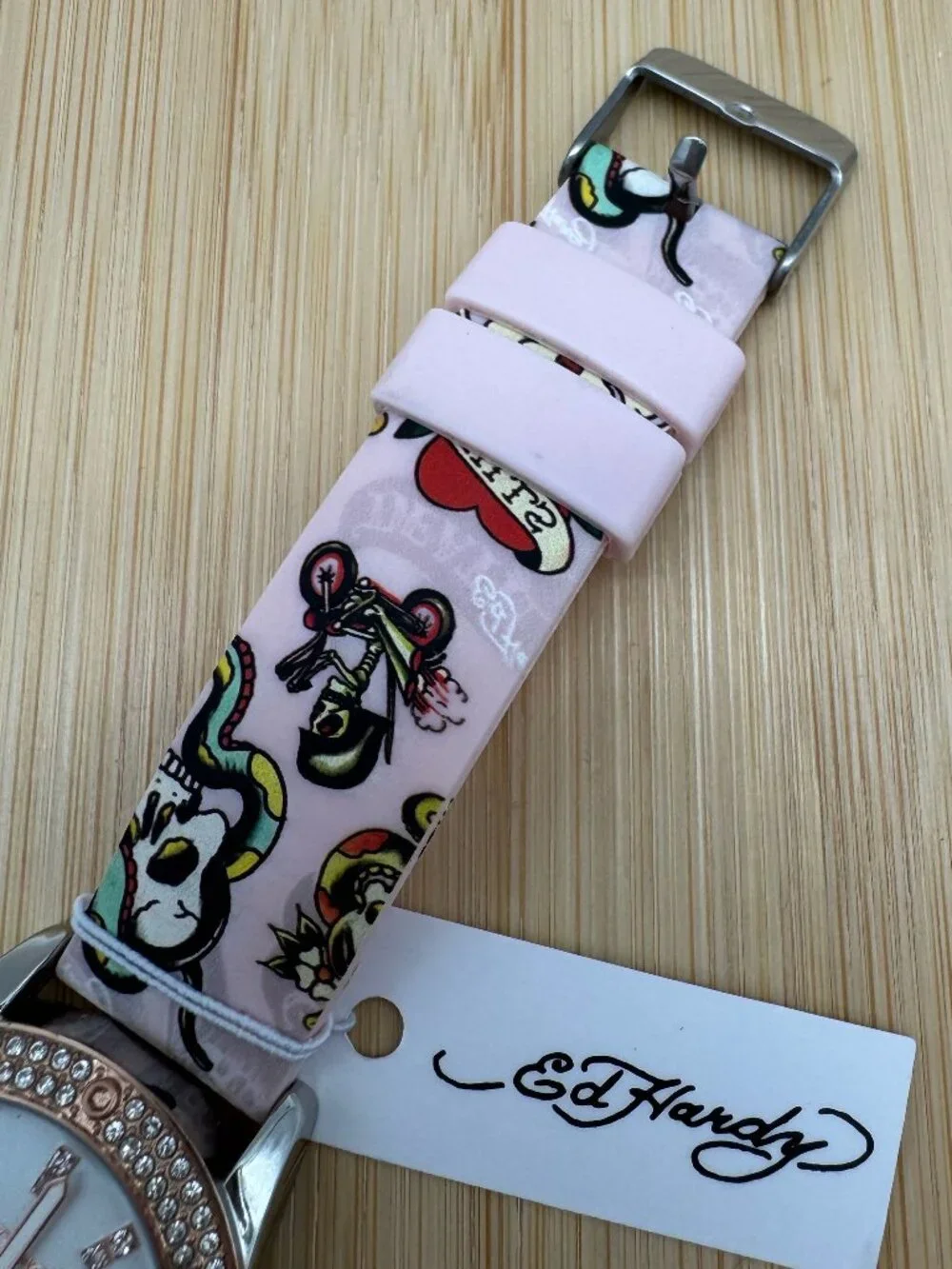 ED HARDY Ladies Light Silver Dial/Matte Pink Artwork Silicone Strap Analog Watch